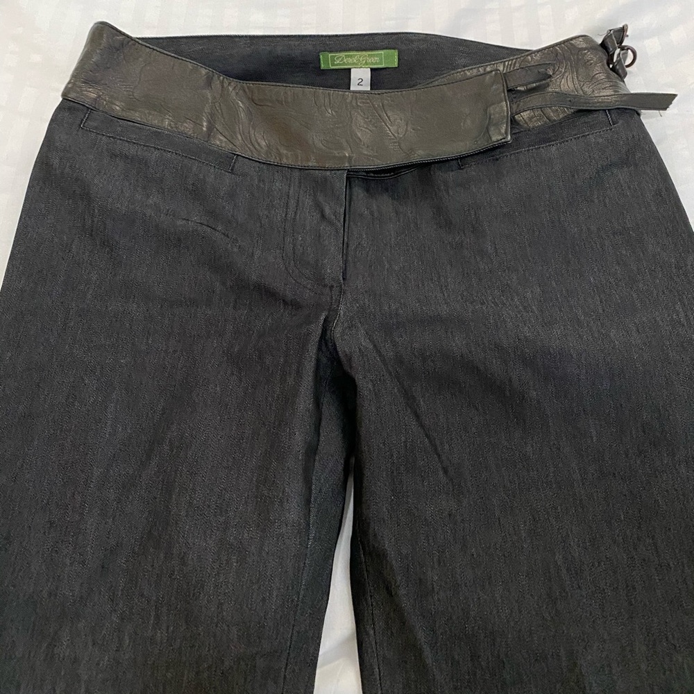 Leather trim denim pants